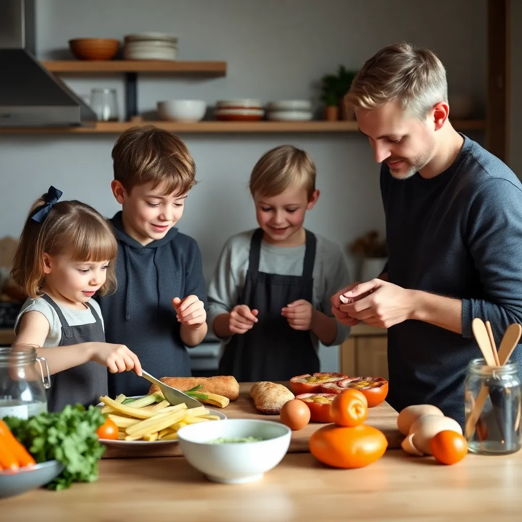 Foto van Nederlands gezin met drie kinderen die samen koken