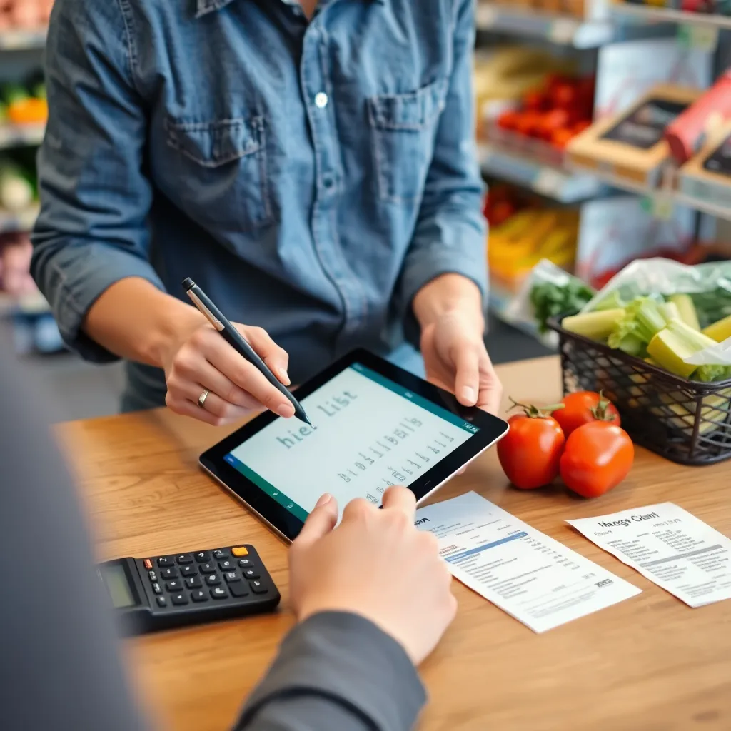 Persoon die boodschappenlijst maakt en prijzen vergelijkt op tablet