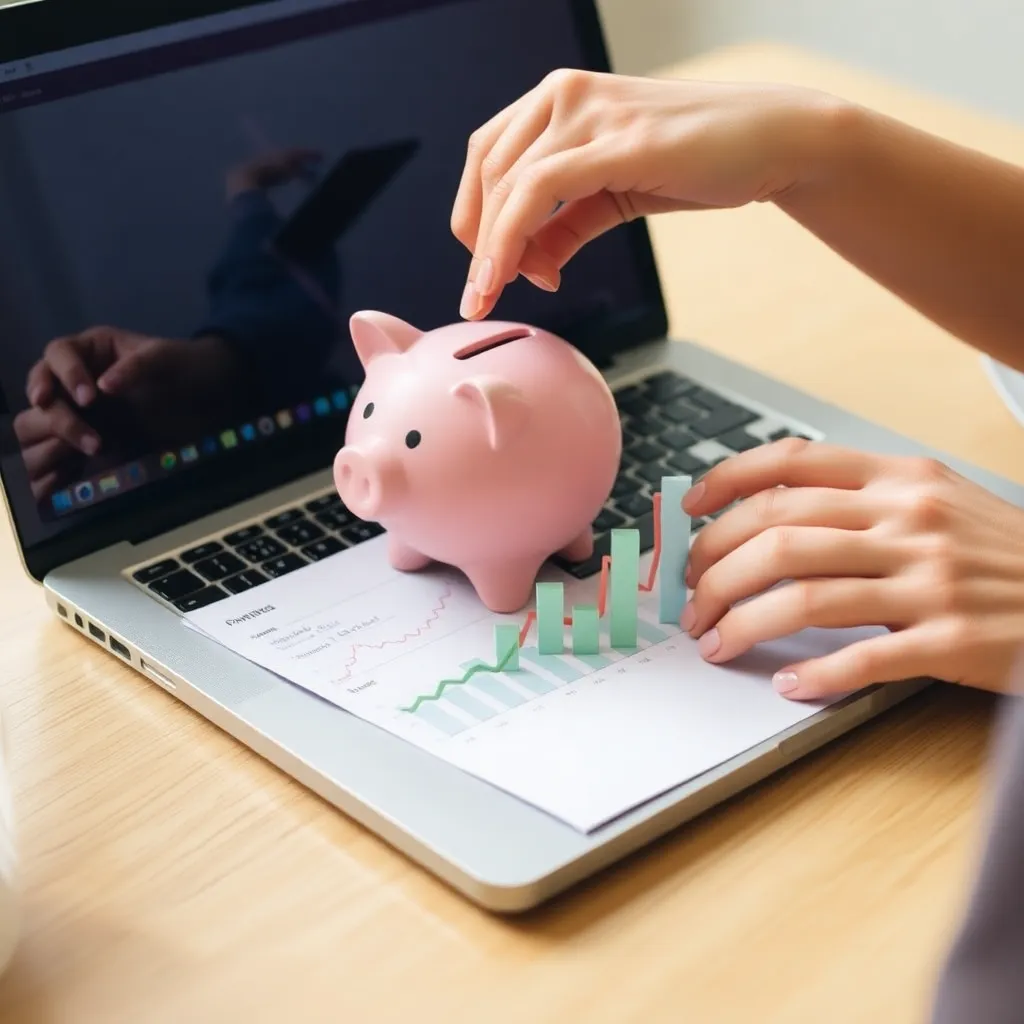 Een persoon die financiën bijhoudt op laptop met spaarpot en groeiende grafiek