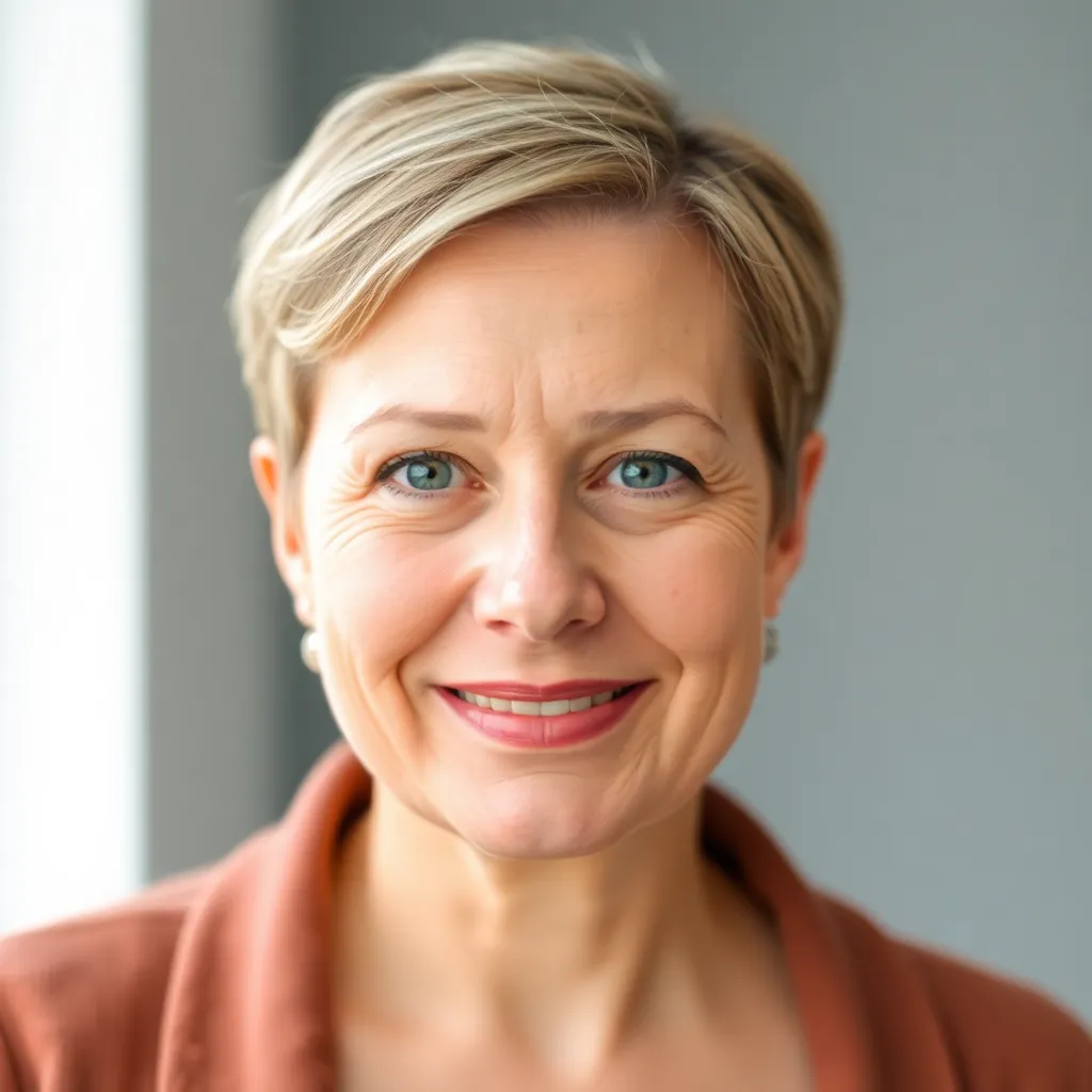 Portret van Marieke uit Amsterdam, vrouw van middelbare leeftijd met kort haar