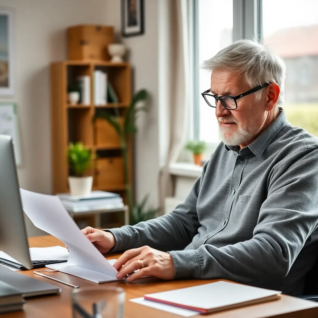 Senior Nederlandse man met bril die papierwerk doet